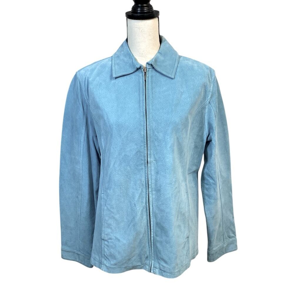 Chico’s Aqua Turquoise Suede Leather Zip Front Jacket Size Large